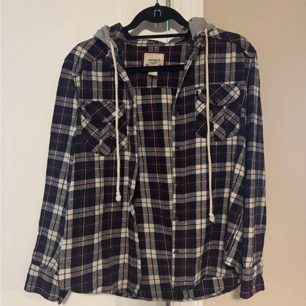 Forever 21 Black, White & Burgundy Plaid Hooded Flannel Shirt